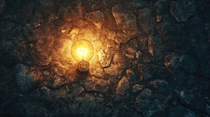 Poster - Vintage Light Bulb Glowing Against Textured Stone Background, Illustrating Warmth and Ambiance in a Creative and Artistic Setting