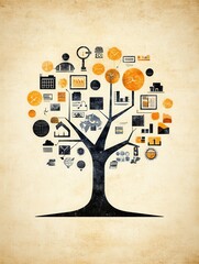 Poster - A stylized tree comprised of various icons representing data, analytics, and growth, set against a vintage background.