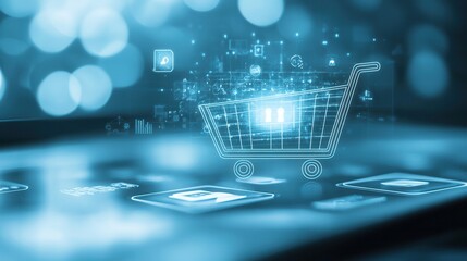Poster - A glowing digital shopping cart icon over a smartphone screen, symbolizing online shopping and e-commerce technology.