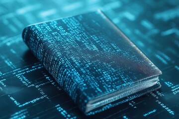 Fototapete - A sleek, blue-covered book sits on a digital matrix background, symbolizing technology, data, and modern information.