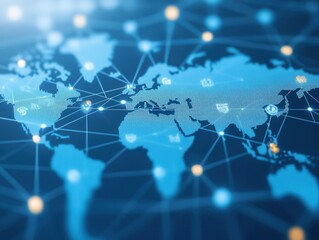 Fototapete - A digital map highlighting global connections with a network of dots and lines, emphasizing technology and communication.