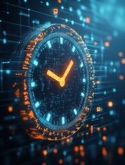 Poster - A digital clock surrounded by glowing data streams, representing time and technology in a futuristic, high-tech environment.