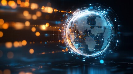 Fototapete - A glowing digital globe surrounded by dynamic light trails, symbolizing connectivity and technology in a futuristic environment.