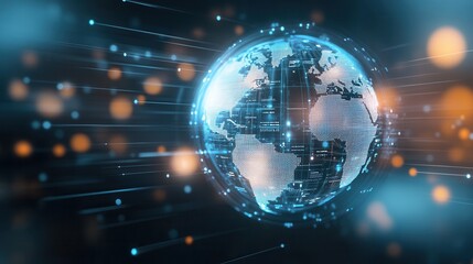 Poster - A digital representation of a glowing globe surrounded by dynamic lines and particles, symbolizing technology and connectivity.