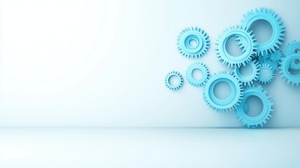 Poster - A collection of blue gears is arranged dynamically against a minimalist white background, symbolizing innovation and mechanical design.