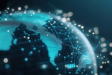 Fototapete - A digital representation of Earth, highlighting connections and networks with glowing points and lines against a dark background.