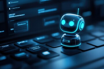 Fototapete - A futuristic robot figurine sits on a keyboard, illuminated with blue light, symbolizing technology and artificial intelligence.