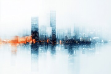 Aufkleber - A blurred, modern city skyline is reflected in water, creating a serene atmosphere with hints of orange and blue.