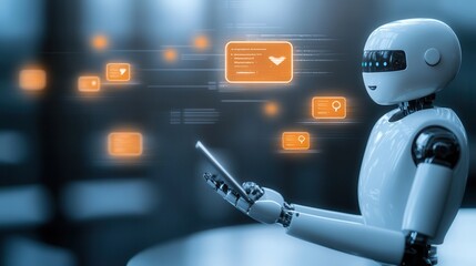 Poster - A futuristic robot interacts with digital information, showcasing advanced technology and communication in a sleek, modern setting.