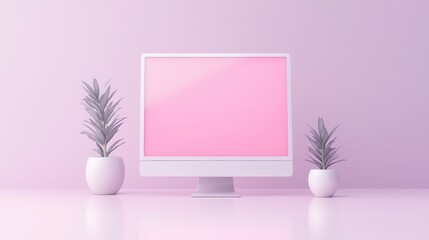Aufkleber - A minimalist workspace featuring a white computer monitor with a pink screen, flanked by two small potted plants on a pastel pink background.