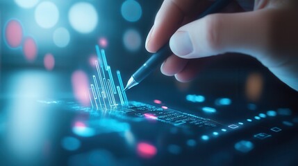 Poster - A hand holds a pen, analyzing digital graphs on a touchscreen, showcasing data visualization and technology integration.