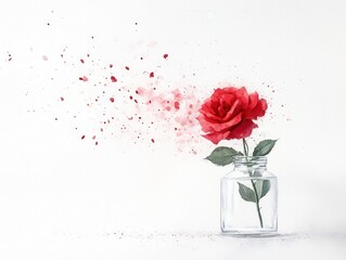 Poster - A vibrant red rose in a glass vase appears to burst with color, surrounded by scattered petals, symbolizing beauty and freshness.