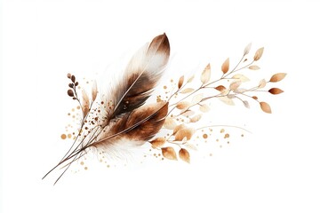 Poster - A delicate arrangement of feathers and leaves in warm, earthy tones, set against a white background, creating a serene, natural aesthetic.
