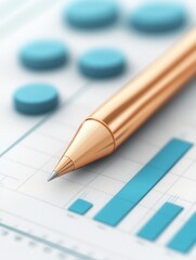 Poster - A close-up of a golden pen resting on a chart, surrounded by blue circular and bar graph elements, symbolizing data analysis and financial reporting.