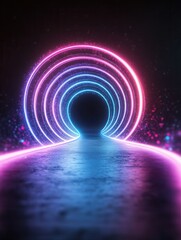 Poster - A vibrant, glowing tunnel with concentric circles in pink and blue, leading into darkness, creating a mesmerizing, futuristic atmosphere.