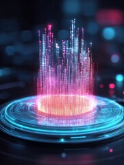 Poster - A vibrant digital display features radiant vertical lines in pink and blue, emanating from a glowing circular base, suggesting advanced technology and data visualization.