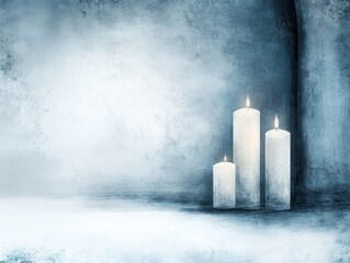 Poster - Soft blue background with three white candles, creating a calm and serene ambiance.