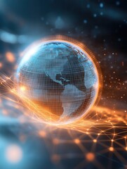 Aufkleber - A futuristic digital globe surrounded by glowing lines, representing global connectivity and technology in a vibrant, abstract atmosphere.