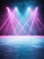 Poster - A vibrant stage scene with pink and blue lights illuminating a foggy background, creating a dynamic atmosphere for performances or events.