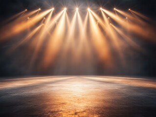 Poster - A dimly lit stage with warm spotlight beams illuminating a polished floor, creating an inviting atmosphere for performances.