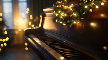 Wall Mural - A piano with a wreath of Christmas lights hanging from it