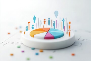 Poster - A colorful pie chart surrounded by icons representing data analysis, statistics, and demographics, illustrating insights and trends visually.