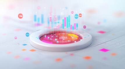 Aufkleber - A colorful, futuristic interface displaying vibrant data visualizations emerging from a circular base on a light background.