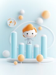 Poster - A cheerful character stands on colorful bars against a soft background, representing growth and progress with playful elements.
