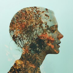 Wall Mural - Serene Woman: A Double Exposure of Nature and Inner Peace