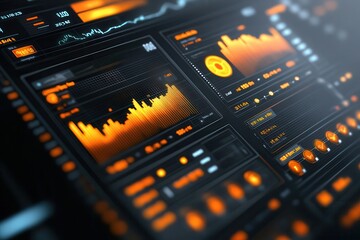 Aufkleber - A sleek, modern digital dashboard displaying vibrant orange data visualizations, graphs, and metrics on a dark background.
