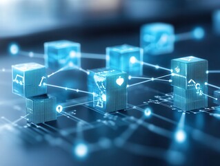 Aufkleber - A digital representation of interconnected blocks, symbolizing blockchain technology and data connectivity in a futuristic setting.