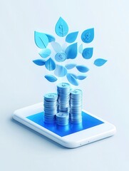 Poster - A smartphone displays stacks of coins and leaves, symbolizing financial growth and digital innovation.