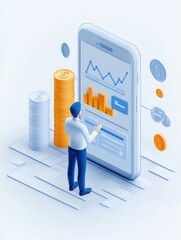 Poster - A person analyzes financial data on a smartphone, with charts and coins representing investment and growth in a digital environment.