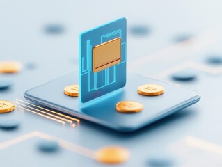 Fototapete - A modern illustration of a digital payment card surrounded by coins, symbolizing technology and finance in the digital age.