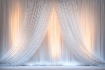 Poster - A soft, illuminated backdrop featuring flowing white drapes, creating an elegant atmosphere perfect for events or photography.