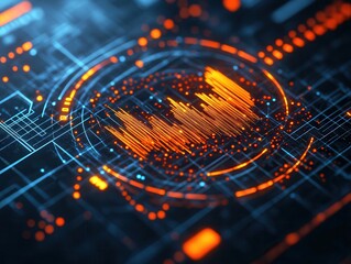 Poster - A vibrant, abstract digital visualization showcasing sound waves and data patterns in orange and blue hues against a dark background.