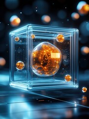 Poster - A futuristic, glowing cube encapsulating a vibrant sphere, surrounded by luminous orbs against a dark background, suggesting themes of technology and abstraction.