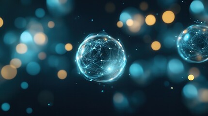 Poster - A mesmerizing digital depiction of glowing spheres interconnected by networks, set against a soft-focus background of blue and gold lights.