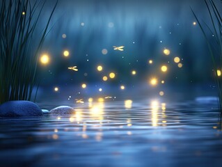 Aufkleber - A serene scene of glowing fireflies dancing above a tranquil water surface, surrounded by soft grasses in a magical twilight setting.
