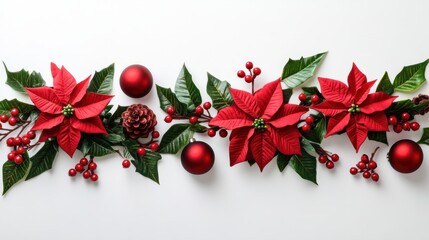 Poster - Christmas decoration. Frame of flower of red poinsettia, branch christmas tree, christmas ball, red berry on a white background with space for text. Top view, flat lay