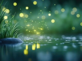 Aufkleber - A serene scene featuring glowing orbs of light reflecting on a calm water surface, surrounded by lush grass and a stone, creating a magical atmosphere.