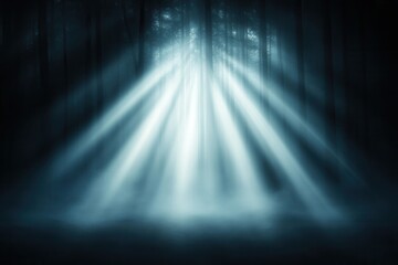 Poster - A serene forest scene with beams of light filtering through the trees, creating a mystical and atmospheric ambiance.