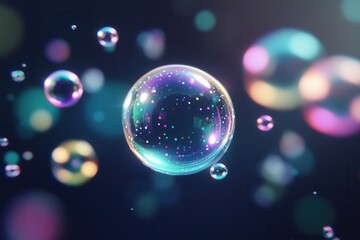 Aufkleber - Colorful bubbles floating in a dark background, showcasing reflections and light, creating a whimsical and dreamy atmosphere.