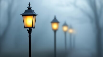 Aufkleber - A serene pathway illuminated by vintage street lamps, shrouded in soft fog, creating a mysterious and calming atmosphere.