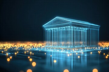 Aufkleber - A glowing digital representation of a building, set against a dark background, with illuminated dots symbolizing data or connectivity.