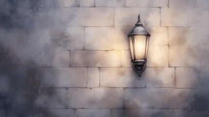 Poster - A vintage lantern illuminates a textured stone wall, creating a warm ambiance in a serene setting.