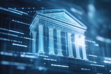 Aufkleber - A digital representation of a classical building, symbolizing finance and governance, with a futuristic, glowing aesthetic.