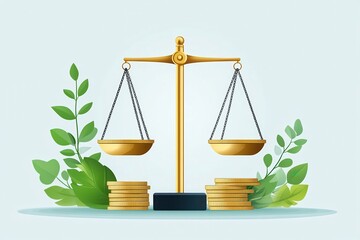 Poster - A balanced scale with gold coins and green leaves symbolizes financial justice, sustainability, and ethical wealth management.