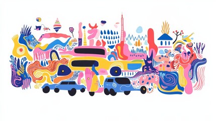 Poster - Vibrant Abstract Cityscape Illustration with Stylized Vehicles and Nature