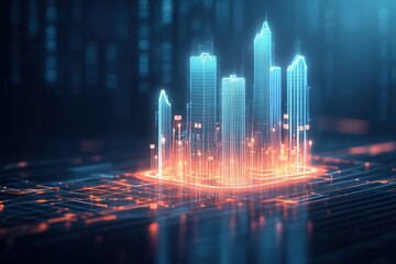 Fototapete - A futuristic cityscape with glowing skyscrapers rendered in digital form, highlighting technology and innovation.